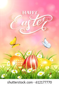 Pink nature background with sun beams and lettering Happy Easter, flying butterflies and three colorful Easter eggs on grass and flowers, illustration.