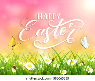 Pink nature Easter background with a butterfly flying above the grass and flowers, lettering Happy Easter and sun beams, illustration.