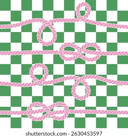 Pink nautical rope and green check seamless pattern for yacht style design. Vector illustration template for prints, wrapping paper, fabrics. 