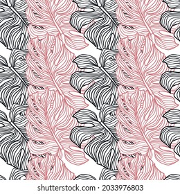 Pink and navy blue colored outline monstera ornament. Isolated print. Contoured ornament. Decorative backdrop for fabric design, textile print, wrapping, cover. Vector illustration.