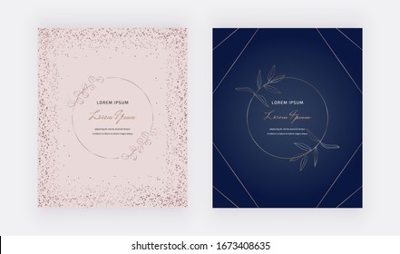 Pink And Navy Blue Cover With Rose Gold Confetti And Round Line Leaves Frames. Modern Vector Design For Wedding Invitation, Greeting, Banner, Flyer, Poster, Save The Date
