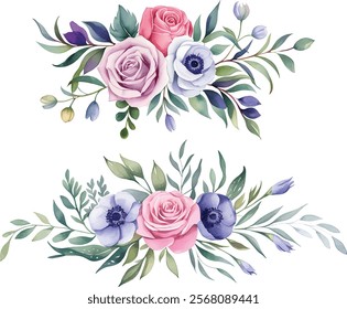 Pink Navy Blue Watercolor Floral Bouquet. Rose and Anemone Blooms illustration.