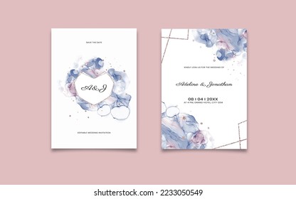 Pink and navy blue wedding invitation set with marble alcohol ink painting effect and rose gold. Modern vector backdrop for birthday or wedding invitation, menu flyer and rsvp card or creative design.