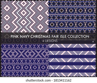 Pink Navy Christmas fair isle pattern collection includes 4 design swatches for fashion textiles, knitwear and graphics