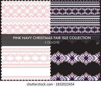 Pink Navy Christmas fair isle pattern collection includes 4 design swatches for fashion textiles, knitwear and graphics