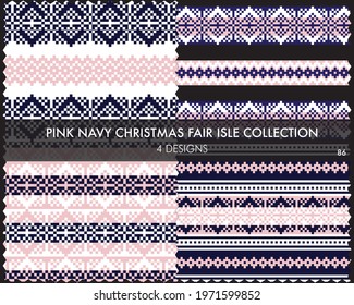 Pink Navy Christmas fair isle pattern collection includes 4 design swatches for fashion textiles, knitwear and graphics