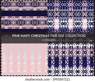 Pink Navy Christmas fair isle pattern collection includes 4 design swatches for fashion textiles, knitwear and graphics