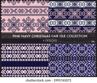 Pink Navy Christmas fair isle pattern collection includes 4 design swatches for fashion textiles, knitwear and graphics
