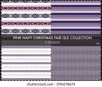 Pink Navy Christmas fair isle pattern collection includes 4 design swatches for fashion textiles, knitwear and graphics