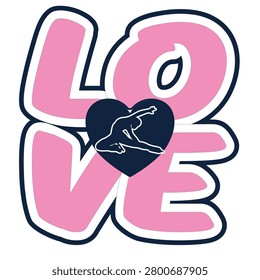 Pink and navy LOVE ice skating art with female skater silhouette inside heart shape. A romantic feminine design for apparel, sublimation prints and figure skating merchandise