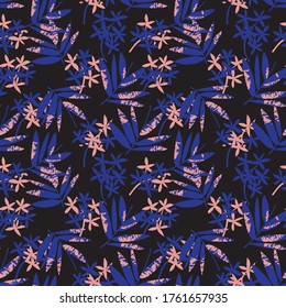 Pink and Navy Tropical Leaf botanical seamless pattern background suitable for fashion prints, graphics, backgrounds and crafts