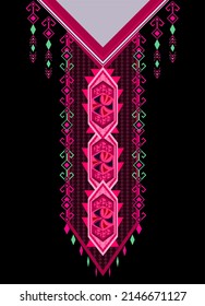 Pink Neck Design on Black background. Pink Ethnic neck design pattern for collars, shirts, shirts, blouses, T-shirts, etc. Geometric design for print. Vector design with geometric pink.