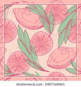 Pink neck scarf with lemons. Vector design for neckerchief, carpet, kerchief, bandana, shawl, tablecloth. Tropical floral pattern.