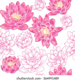  Pink nenuphar on a white background.Vector seamless pattern 