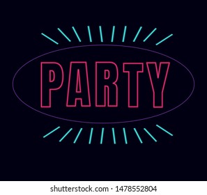 Pink Neon alphabet font.
multicolored font letters. 
font named "PARTY" with label design.