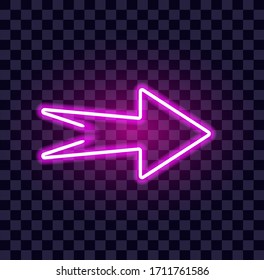 Pink neon arrow luminous indicator neon tube showing right direction to right side glowing vector icon on transparent background