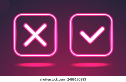 Pink neon cancel cross and check mark icons. Vector illustration