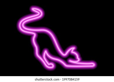 Pink neon cat silhouette. Satisfied cat stretches and waves its tail. Vector illustration