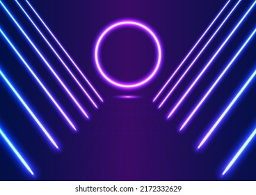 Círculo de neón rosado y luz de neón en el ciberpunk del suelo de la cuadrícula, fondo de abstrack de concepto de partido