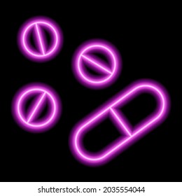 rosafarbene Neonkontur von drei Tabletten und Kapsel auf schwarzem Hintergrund. Vektorgrafik