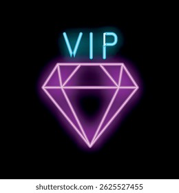 Pink neon diamond symbolizing vip treatment glowing on black background