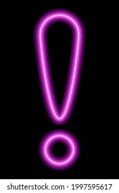 Pink neon exclamation point on a black background. Vector illustration