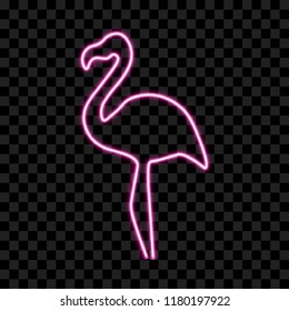 Pink neon flamingo on transparent background, vector illustration.