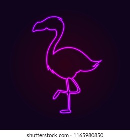 Pink neon flamingo vector light sign illustration. Fluorescent tropical bird decoration glowing element. Glow night and bright electric flamingos bar emblem.