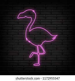 Pink neon flamingo vector light sign illustration. Fluorescent tropical bird decoration glowing element. Glow night and bright electric flamingos bar emblem.