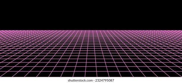 Pink neon flat wireframe grid. Checkered floor landscape. Horizontal chessboard plane in perspective. Black and white abstract lattice surface background. Vector illustration 