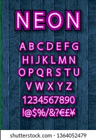 Pink neon font set. Against a vintage wooden wall. Vector illustration