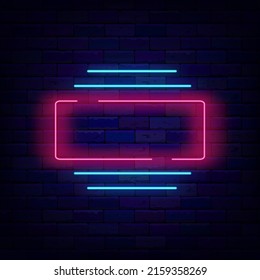 Pink neon frame on brick wall. Empty striped border. Space for text. Shiny sign. Glowing effect poster. Editable stroke. Vector stock illustration