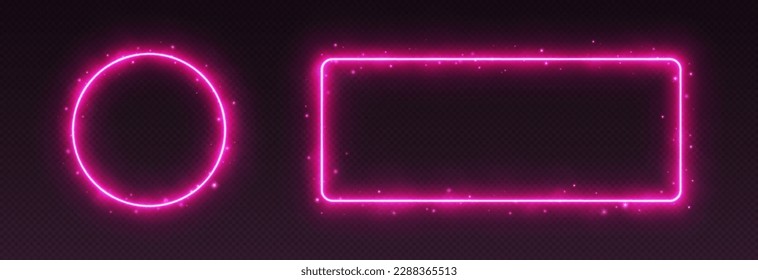 Pink neon frames with smoke and sparkles. Circle and rectangle glowing borders for game UI. Vector illustration.