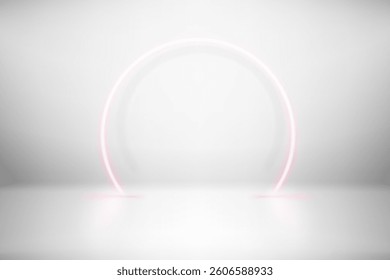 Pink neon glowing circle arc in bright interior. 3d vector illustration


