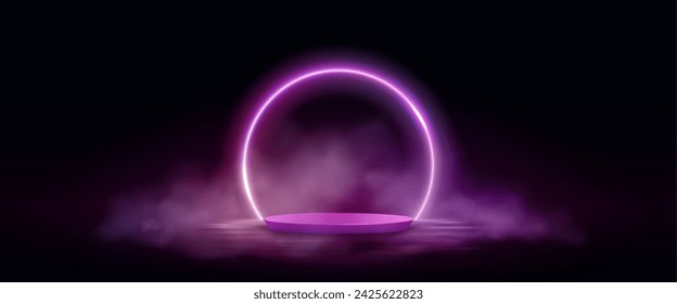 Pink neon glowing circular arch frame with cylinder product podium and smoke over water surface with reflections. Realistic vector illustration of round platform with bright ring border and fog cloud.
