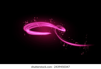 Pink neon glowing magic swirl, energy effect, vector illustration isolated on black background. Decorative design element, light in motion, abstract sparkles