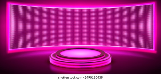 Pink neon glowing product podium with digital led screen on wall. Realistic 3d vector illustration of luminous stage for goods display. Empty futuristic cylinder platform with light in studio room.