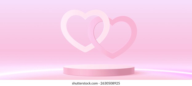 Pink neon heart stage podium - valentine day romantic love symbol with glowing floor. Blank round pedestal illuminated by soft pastel light. Minimal 3d wedding or 14 February promotion design bg.