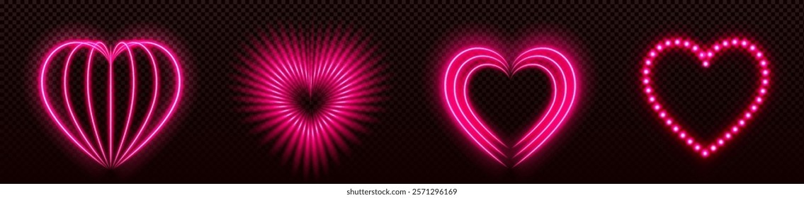 Pink neon hearts set isolated on transparent background. Vector realistic illustration of love symbols glowing in darkness, nightclub, casino, disco club decoration, shiny saint valentine day sign