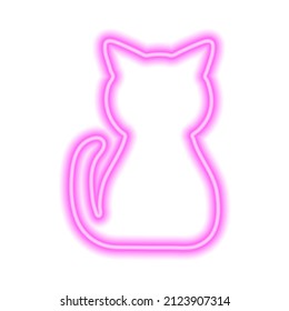 Pink neon icon of sitting cat isolated on white. Vector illustration