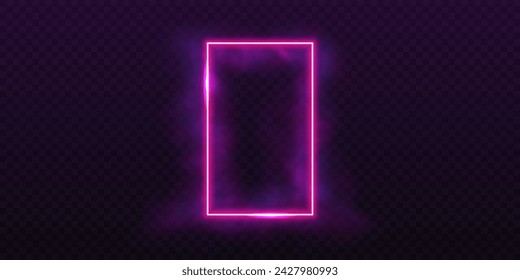 Rosa Neon-Laserportal. Vektorgrafik. Glühender Rahmen mit violettem Rauch auf transparenter Kulisse