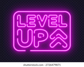 Pink neon level up sign with arrows, designed for gaming achievements and progress themes. Glowing style adds dynamic energy.