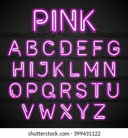 Pink Neon Light Alphabet With Cable. Vector.