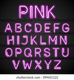 Pink neon light alphabet with cable. Vector.