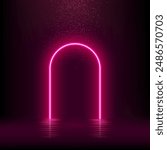 Pink neon light arch. Glow door in futuristic style with falling glitter effect. Abstract fairy arc with reflection in water under rain of luxury confetti vector illustration.