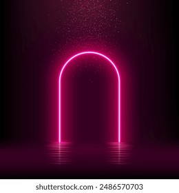 Arco de luz de neón rosa. Puerta brillante en estilo futurista con efecto de brillo que cae. Abstractas arco de hadas con reflejo en el agua bajo la lluvia de Ilustración vectorial de confeti de lujo.