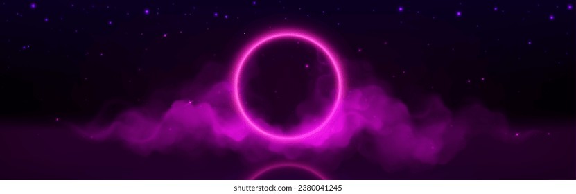 Pink neon light glow circle with smoke background. Futuristic fog effect with led ring design template. Music or sport abstract glowing vector graphic banner with smoky cloud and laser round frame