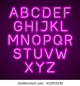 Pink Neon Light Glowing Alphabet. Vector.