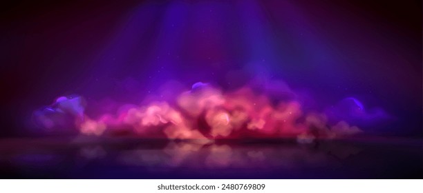 Pink neon light smoke. Space cloud game background. Metaverse wallpaper with purple futuristic mist. 3d spooky vapor cosmos landscape. Meta foggy dream backdrop scene with smoky texture flow