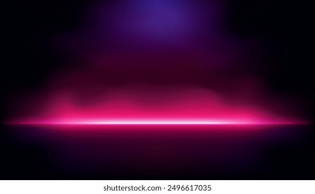 Fondo de estudio de luz de neón rosa sobre fondo negro con humo rojo púrpura que refleja la luz de fondo en la pared y el piso, emoción y calor de la habitación oscura, emoción de la competencia, futuro y tecnología moderna